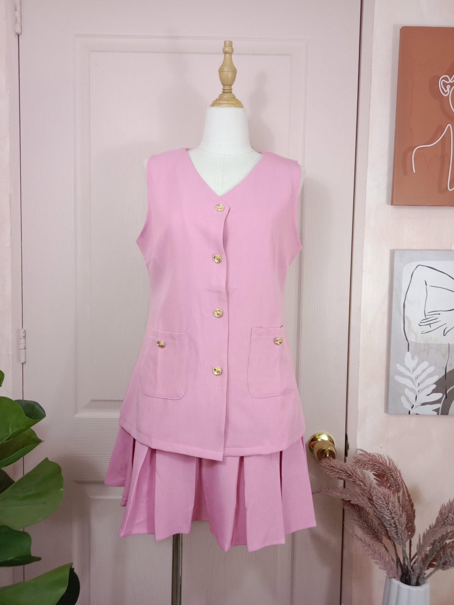 Sleeveless Button-Down Top and Pleated Skirt Set