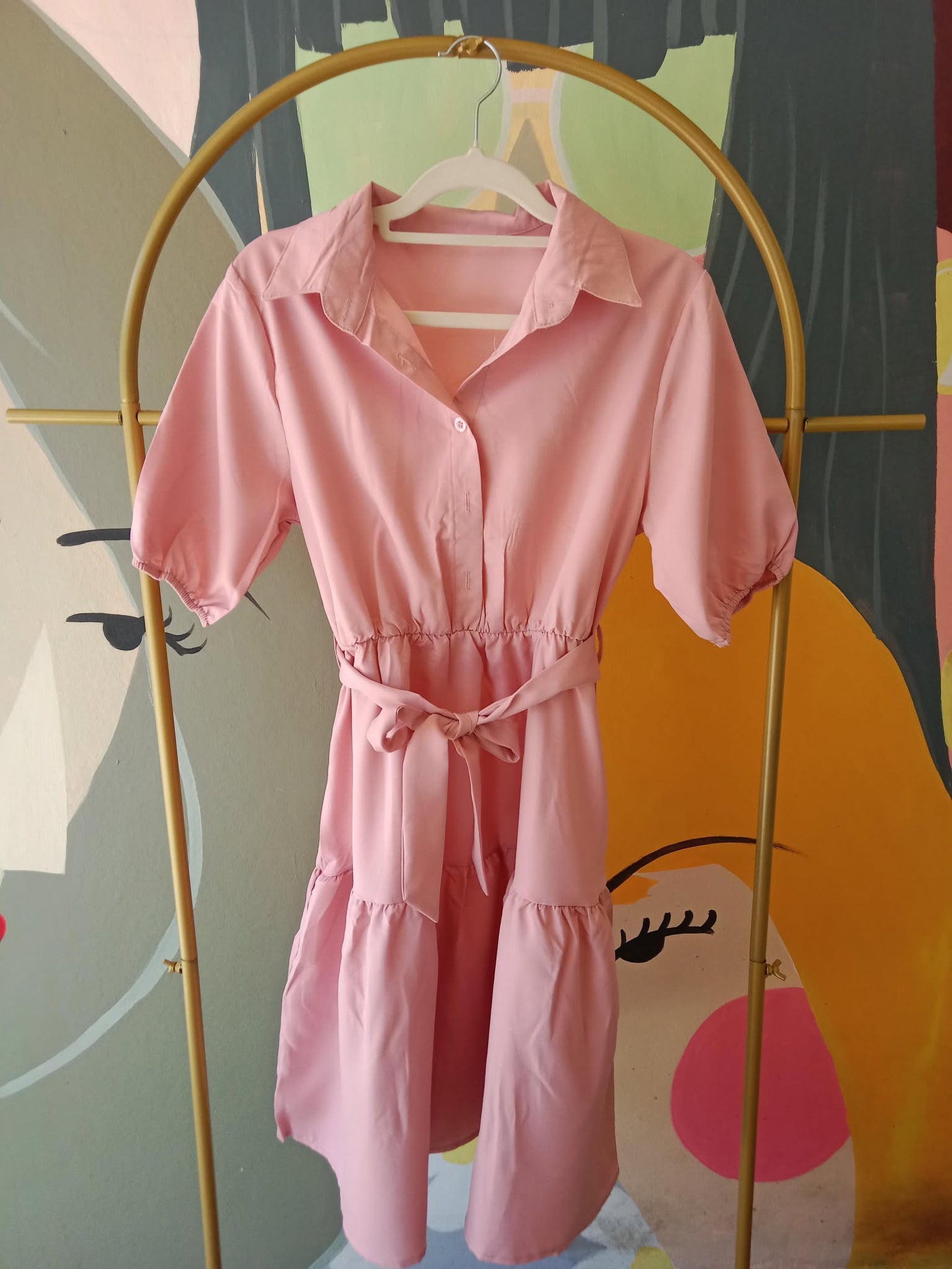Pastel Button-Down Midi Dress with Puff Sleeves and Waist Tie