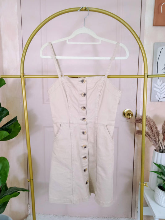 Beige Button-Down Denim Mini Dress with Spaghetti Straps
