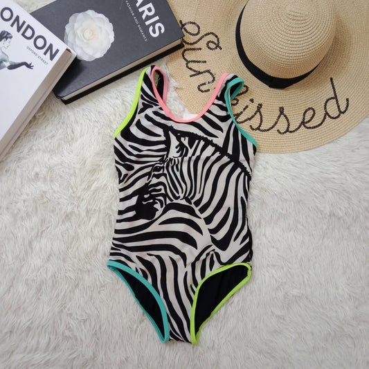 Girls’ Zebra Print One-Piece Swimsuit with Neon Trim