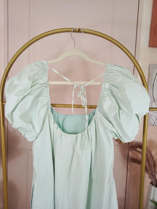 Mint Green Puff Sleeve Maxi Dress with Back Tie