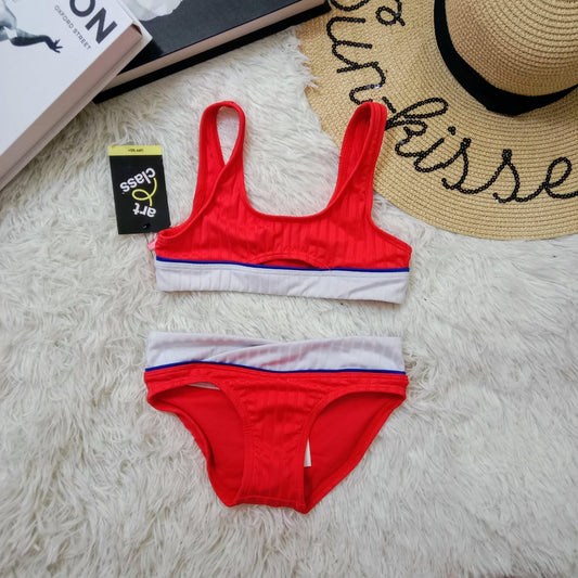 Girls Sporty Red Two-Piece Bikini Set with Colorblock Waistband