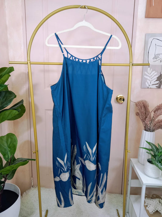 Boho Blue Sleeveless Sundress with Crochet Detail & Botanical Print Hem