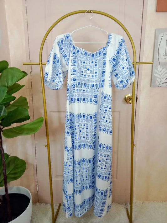Santorini-Inspired Blue Tile Maxi Dress
