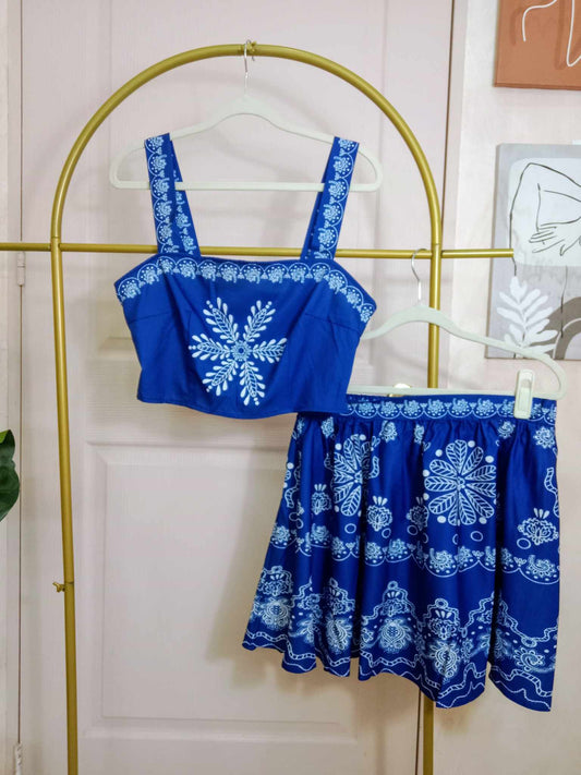 Blue Boho Embroidered Crop Top & Skirt Set