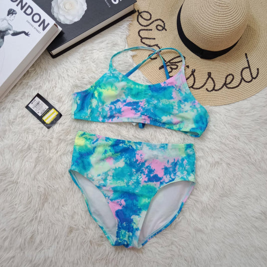 Girls’ Tie-Dye Bikini Set – Blue, Pink & Green Swirl with Crisscross Back