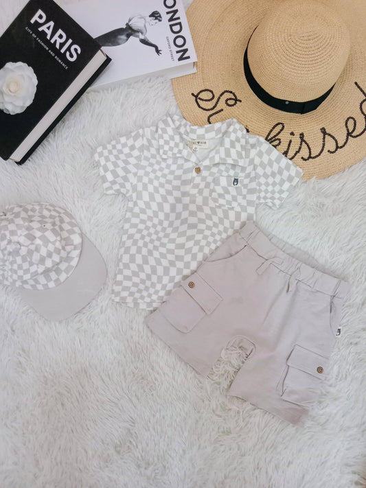 Checkered Polo Shirt, Beige Cargo Shorts & Cap