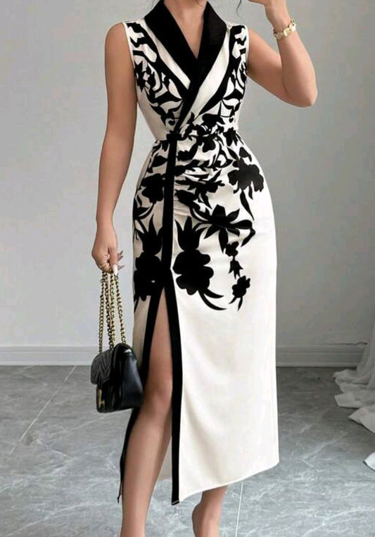Sleeveless Black & White Floral Bodycon Midi Dress