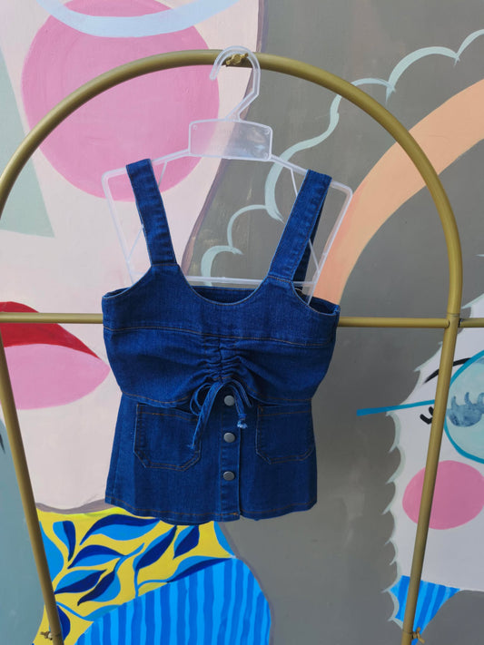 Girls’ Denim Ruched Button-Front Crop Top with Front Pockets