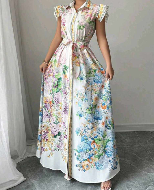 Fresh Floral Collared Maxi Dress with Waist Tie