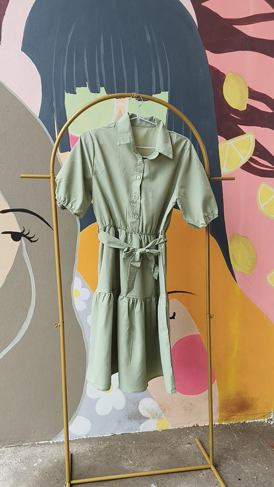 Pastel Button-Down Midi Dress with Puff Sleeves and Waist Tie