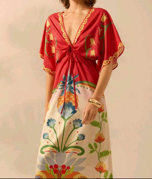 Boho Chic Floral Print V-Neck Kaftan Dress