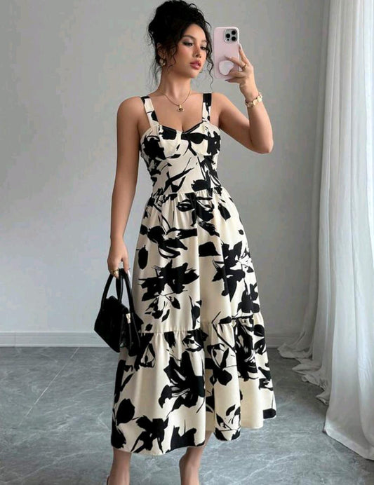 Chic Black & White Floral Midi Dress