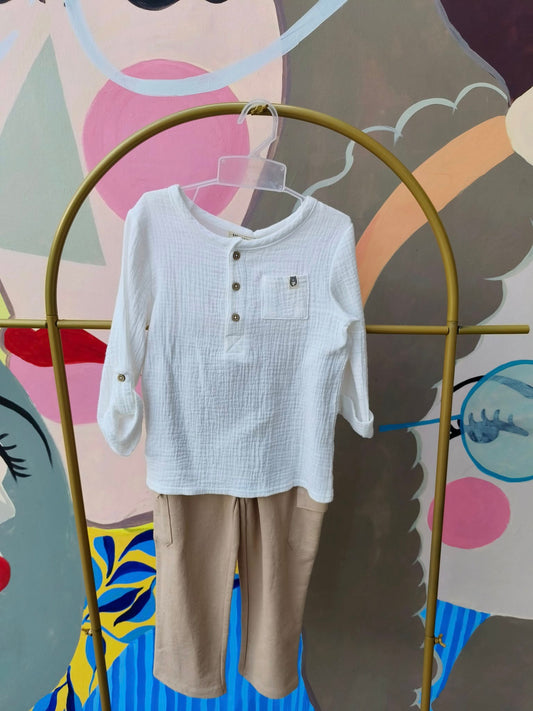 Boys' White Long Sleeve Henley Top and Beige Pants