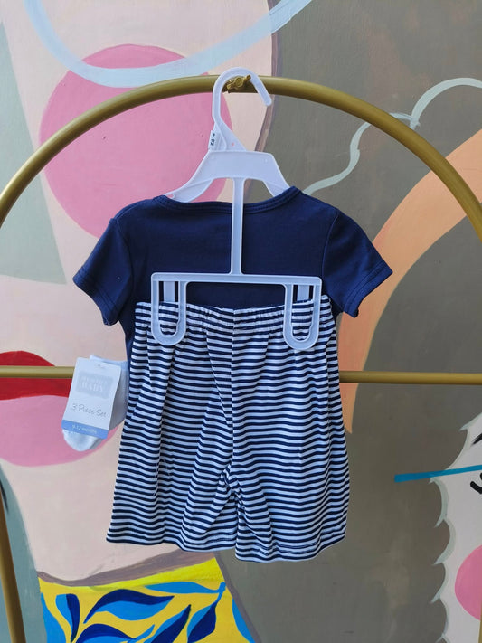 3-Piece Navy Romper Set with Striped Shorts & Socks