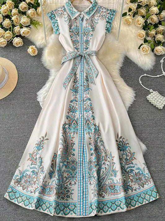 Elegant Boho-Inspired Maxi Dress with Belted Waist & Embroidered