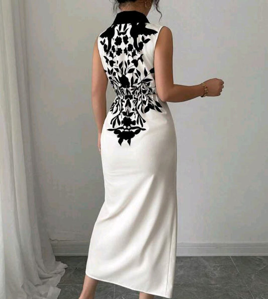Sleeveless Black & White Floral Bodycon Midi Dress