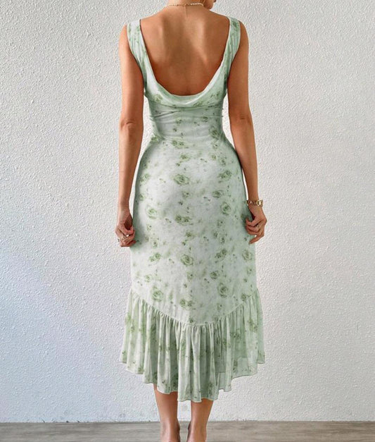 Sage Green Cowl Neck Midi Dress with Side Slit