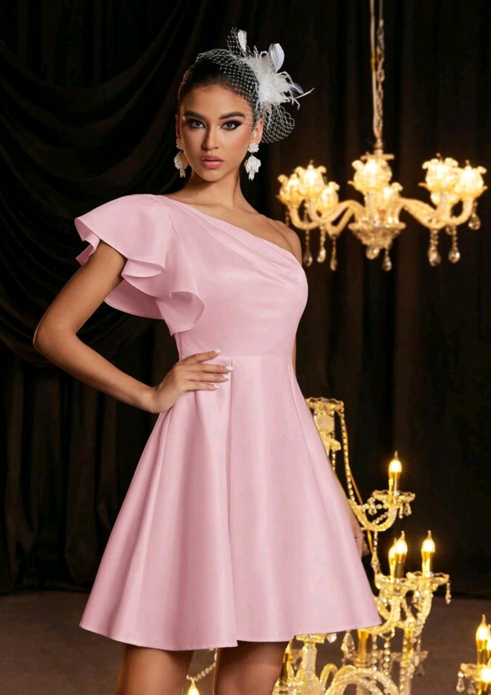 Elegant One-Shoulder Satin Cocktail Dress in Blush Pink