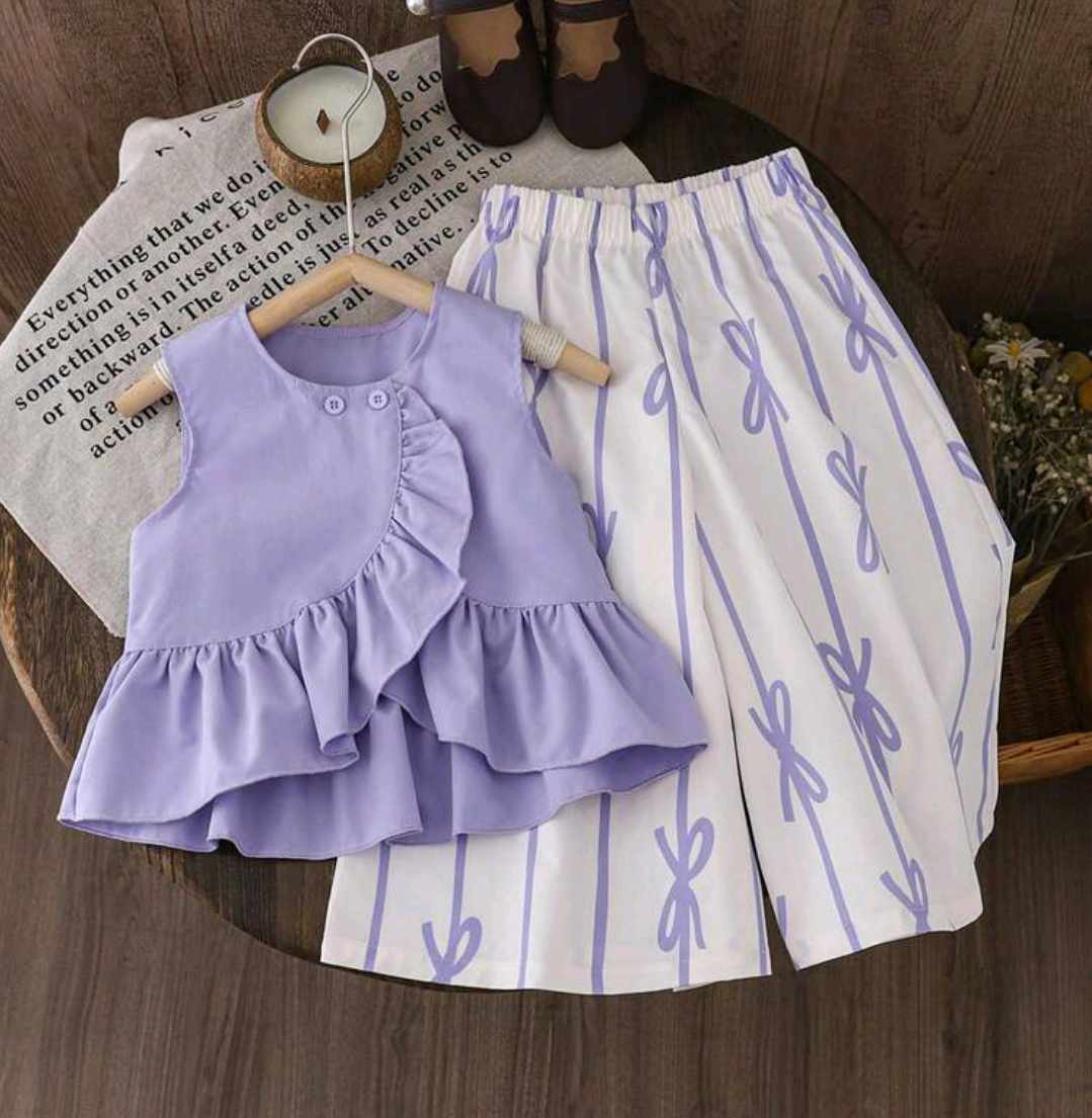 Lavender Ruffle Top & Bow Print Culottes Set for Girls
