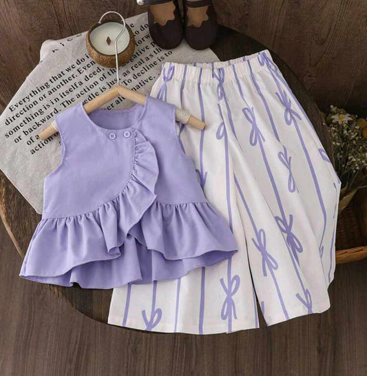 Lavender Ruffle Top & Bow Print Culottes Set for Girls