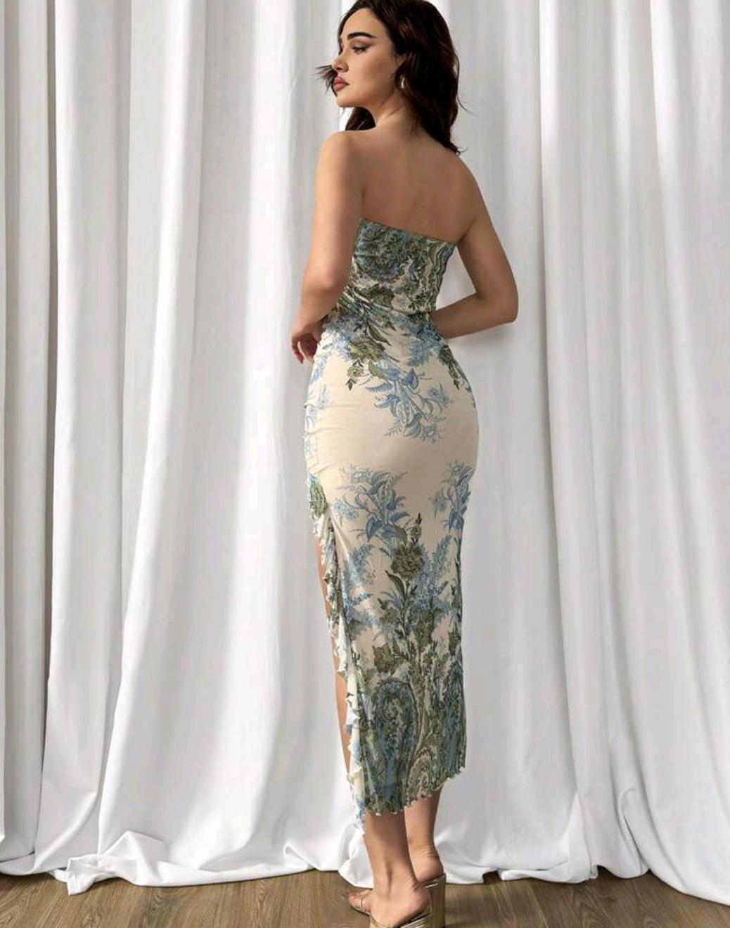 Strapless Floral Embroidered Bodycon Dress with Side Slit
