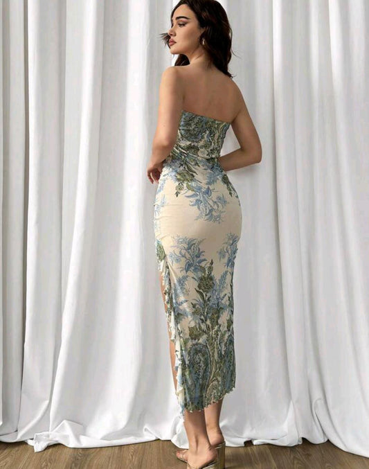 Strapless Floral Embroidered Bodycon Dress with Side Slit