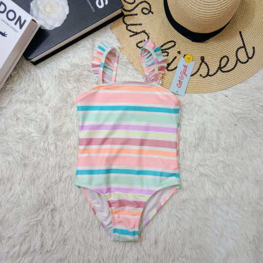 Girls Pastel Rainbow Stripe One-Piece Swimsuit with Ruffle Straps