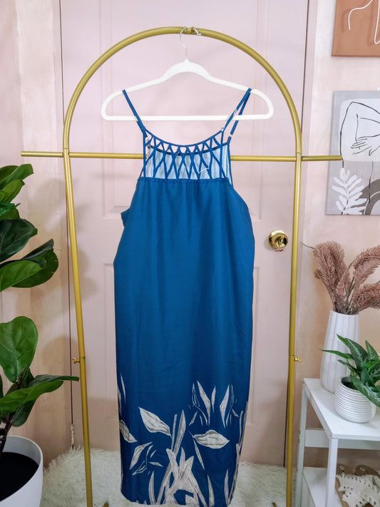 Boho Blue Sleeveless Sundress with Crochet Detail & Botanical Print Hem