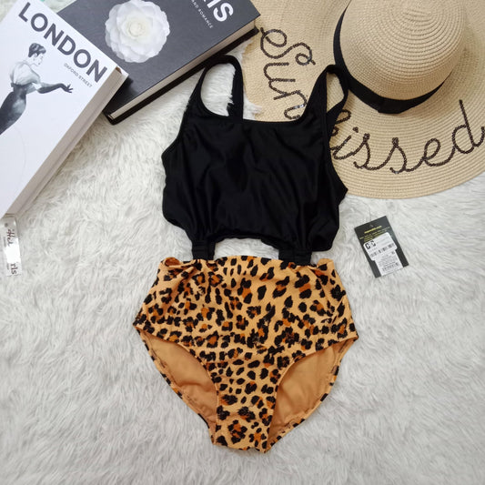 Girls’ Black and Leopard Print Two-Piece Swimsuit