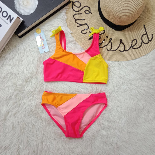 Girls’ Colorblock Bikini Set – Pink, Yellow & Orange with Bow Straps