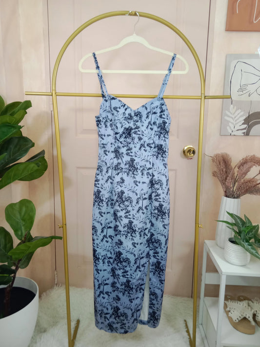 Blue Spaghetti Strap Midi Dress with Black Floral Print & Side Slit