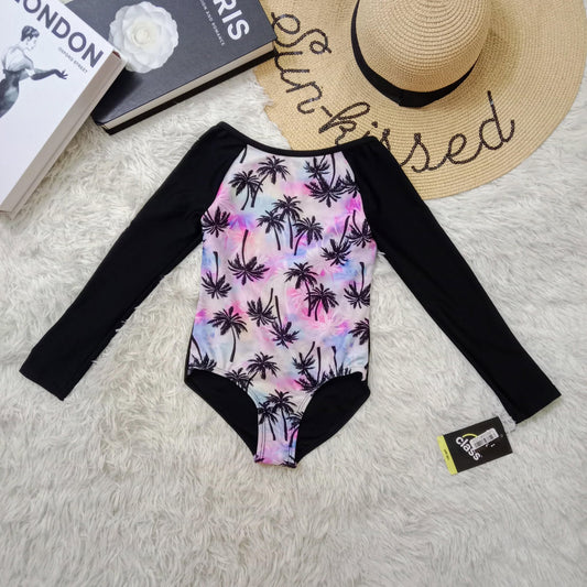 Girls Long Sleeve One-Piece Swimsuit with Palm Tree Print