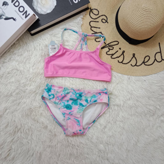 Girls' Two-Piece Bikini Set – Pink Top & Tie-Dye Bottoms