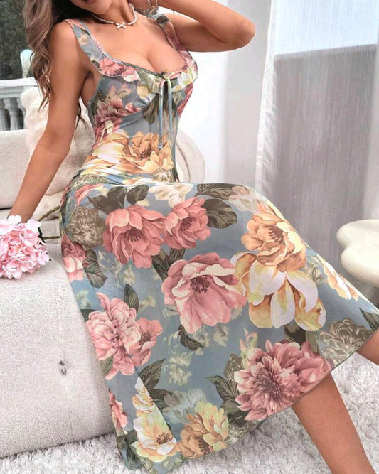 Romantic Floral Sleeveless Midi Dress with Tie Front