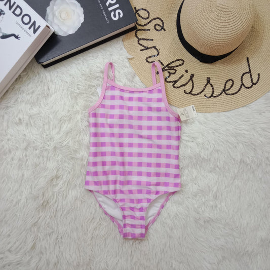 Girls’ One-Piece Swimsuit – Pink Gingham Check with Spaghetti Straps