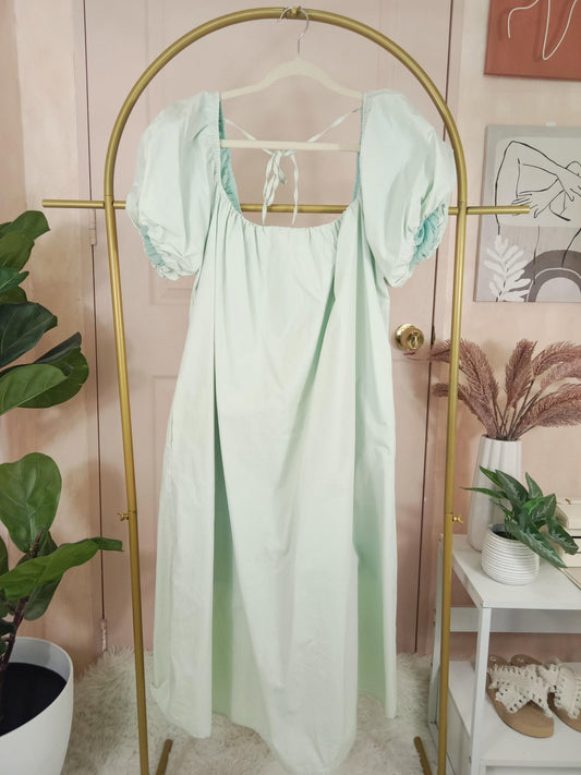 Mint Green Puff Sleeve Maxi Dress with Back Tie