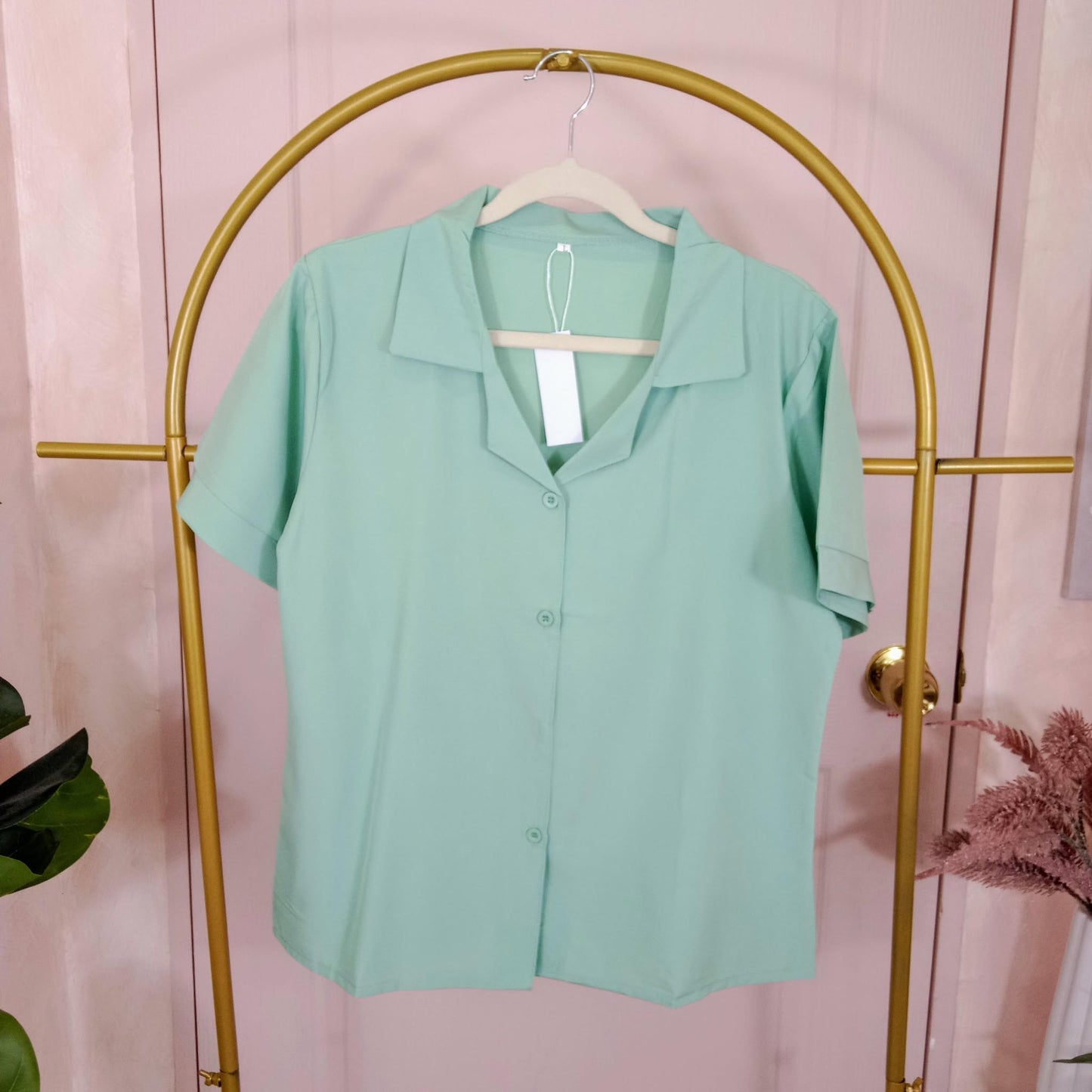Classic Button-Down Collared Blouse – Neutral Short Sleeve Top