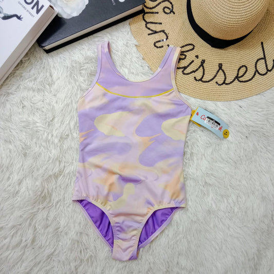 Girls Pastel Swirl One-Piece Swimsuit with Yellow Trim