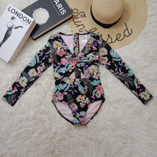 Girls’ Long Sleeve Floral One-Piece Swimsuit with Front Twist Cutout
