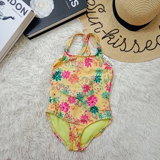 Girls Yellow Floral One-Piece Swimsuit with Rainbow Print