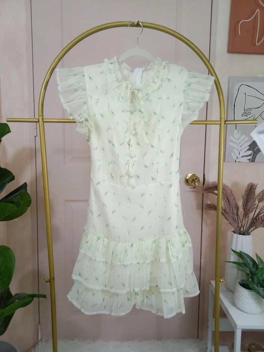 Cream Ruffle Mini Dress with Floral Print and Pleated Sleeves