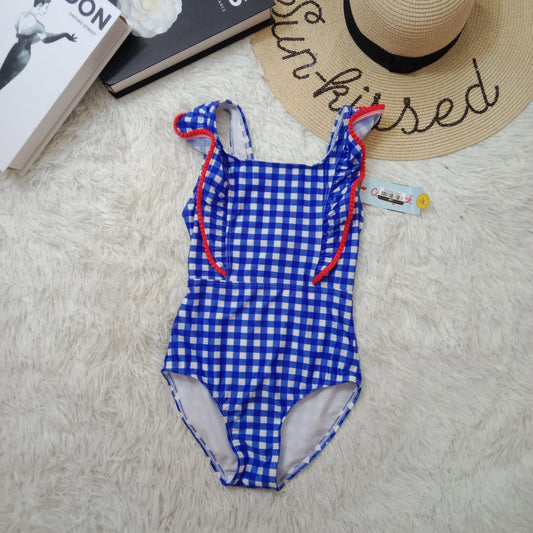 Girls Blue Gingham One-Piece Swimsuit with Ruffle Sleeves