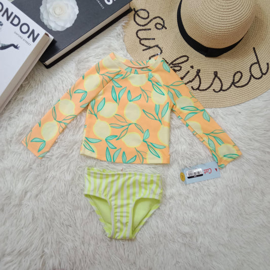 Girls’ Long Sleeve Rash Guard Swim Set – Lemon Print Top & Striped Bottom
