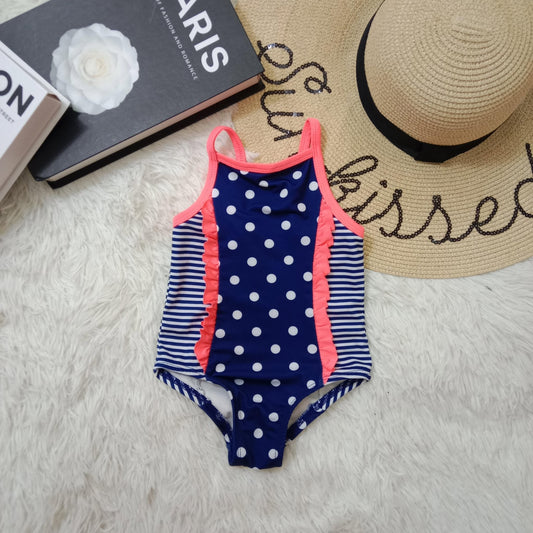One-Piece Swimsuit – Navy Polka Dot & Stripe with Pink Ruffle Trim