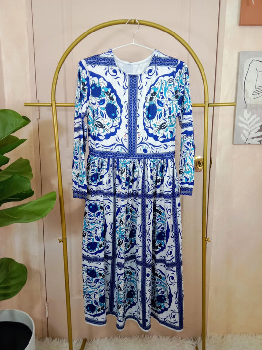 Royal Blue Baroque Long Sleeve Dress