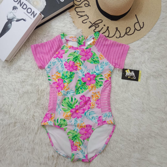Girls Tropical Floral One-Piece Swimsuit with Mesh Sleeves
