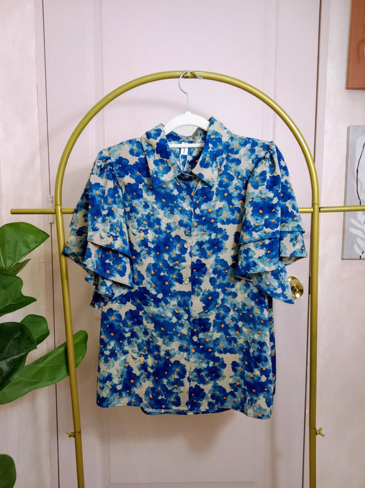 Floral Print Ruffle Sleeve Button-Down Blouse