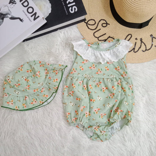 Floral Baby Girl Romper with Ruffle Collar & Matching Cap