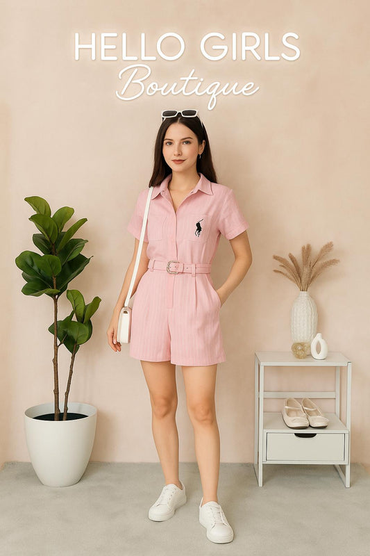 Striped Short-Sleeve Top and Shorts Co-ord Set with Belt